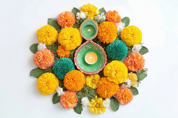 Fototapeta premium Marigold flower rangoli on white background for diwali or dasara festival in hinduism