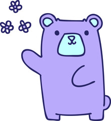 hand drawn quirky cartoon bear and flowers in bright neon color