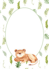 Watercolor oval frame with cute Baby Lion and tropical leaves pattern background. Vertical card template with Safari animal kid. For cards and invitations, baby shower and birthday party.