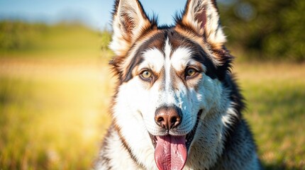 A joyful husky with glowing eyes basks in the meadow's golden sunlight, full of energy and charm