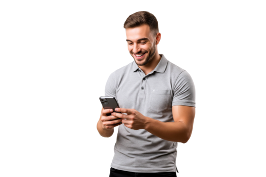 young man usinging on mobile phone on white