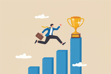 Determined businessman in blue suit running towards a golden trophy on top of a rising bar graph isolated on transparent background