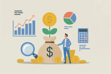 Man examining money bag with growing plant and financial charts representing investment growth and financial success isolated on transparent background