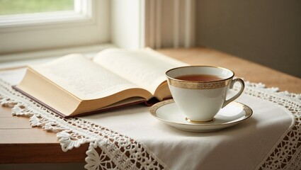 Cup of tea and open book by window on lace doily