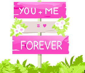 Colorful wedding sign reading "You + Me Forever" with floral accents. Wedding signage ideas