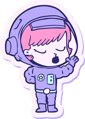 sticker of a cartoon pretty astronaut girl in bright neon color
