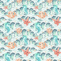 Octopus Starfish Seahorse watercolor children's characters, wave crests seamless pattern. Summer marine isolated illustration background. Sea animals, undersea mollusks kids design. Packaging, fabric