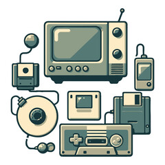 Vintage electronics collage featuring retro TV, gaming console, and audio devices on white background