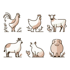 Stylized farm animals including a rooster, hen, cow, sheep, dog, and pig amidst foliage
