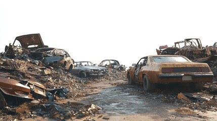 A chaotic car dump with heaps of old, damaged vehicles, highlighting the grim reality of automotive waste.