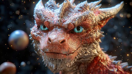 Close-up of a young dragon, reddish-orange scales, teal eyes, and spiky head, amidst glowing cosmic dust and planets