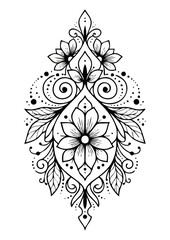 Detailed black and white mandala lotus flower illustration with intricate patterns on a white background