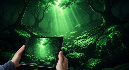Tablet Captures Ethereal Green Forest: Sunbeams, Mossy Rocks, Digital Art