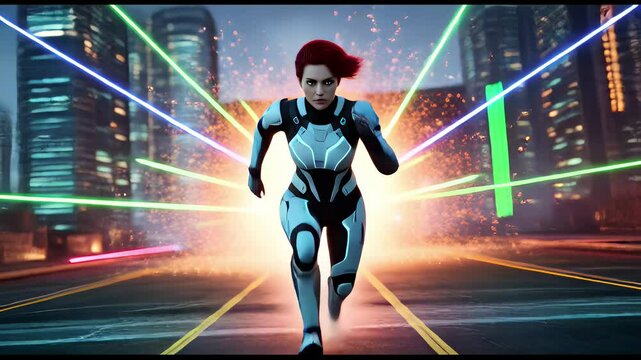 Woman in Futuristic Attire Running Through Neon Cityscape