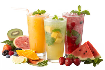 fresh fruit cocktail with fruits , Colorful Refreshing Cocktail Drinks Collection with Garnish on White Background