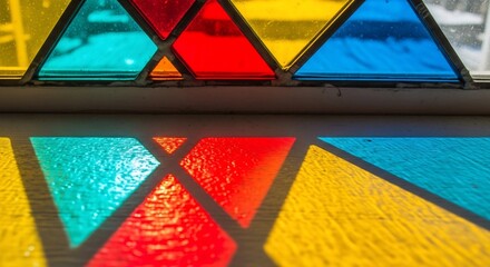 Triangular Stained Glass Window Casting Colorful Shadows on Surface