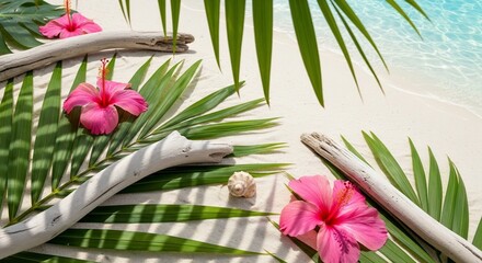 Tropical Beach Still Life: Pink Hibiscus, Palm Fronds, Driftwood, and Seashell on White Sand