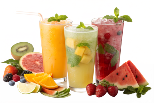 fresh fruit cocktail with fruits , Colorful Refreshing Cocktail Drinks Collection with Garnish on White Background