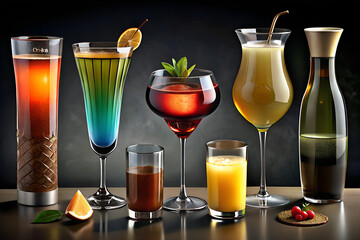 set of cocktails, bar menu cocktails, colorful vibrant refreshing drink with garnish,Colorful Refreshing Cocktail Drinks Collection with Garnish on White Background