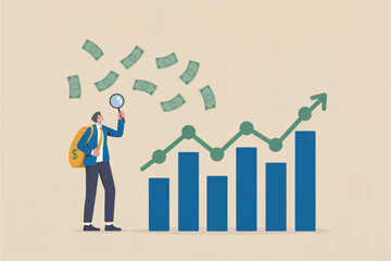 Man with magnifying glass and money bag observing upward trending financial graph with falling banknotes isolated on transparent background