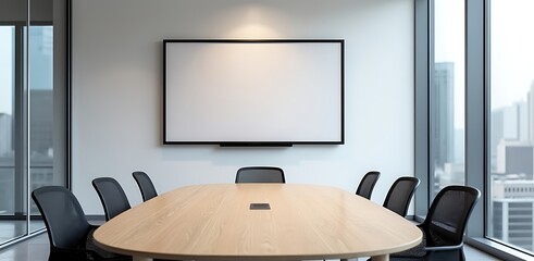 Empty oval conference table with black chairs and whiteboard room office