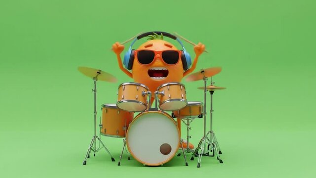 Cartoon orange playing drums against green background