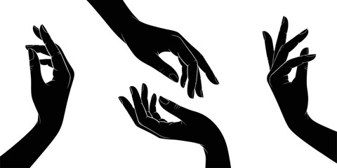 Hand silhouettes set. Elegant gestures. Black and white vector illustration.