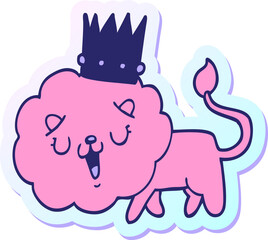 sticker of a cartoon lion with crown in bright neon color
