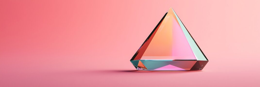 A colorful, transparent triangular prism stands on a pink surface against a soft pink background, reflecting and refracting light in vibrant hues.