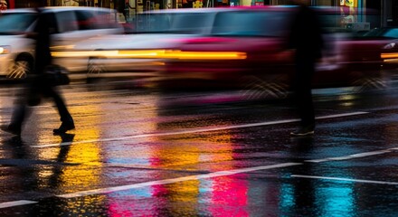 Urban Rain: Blurred Motion of City Life with Vibrant Reflections