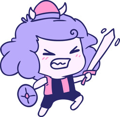 freehand drawn cartoon of kawaii viking child in bright neon color