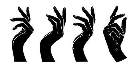 Hand silhouettes set. Elegant gestures. Black and white vector illustration.
