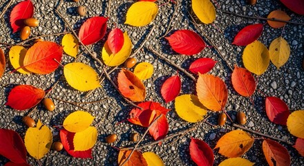 Vibrant Autumn Leaves and Acorns on Textured Asphalt Surface in Sunlight