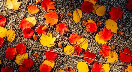 Vibrant Autumn Mosaic: Red and Yellow Leaves with Acorns on Pebble Ground
