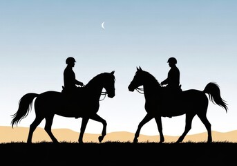 Riders and Horses at Sunset Silhouette - Two riders on horseback silhouette against a sunset landscape. Peaceful equestrian scene