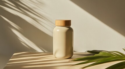 A beautiful beige speckled tumbler bottle elegantly placed on a wooden board surrounded by vibrant autumn leaves creating a warm seasonal atmosphere