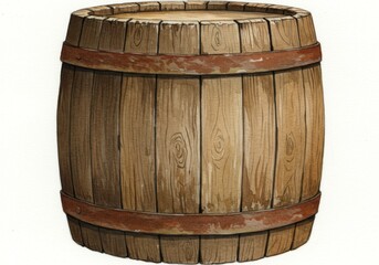 Fototapeta premium Rustic Wooden Barrel on White - A weathered, old wooden barrel, symbolizing age, tradition, storage, craftsmanship, and the passage of time. It evokes a sense of history and rustic charm