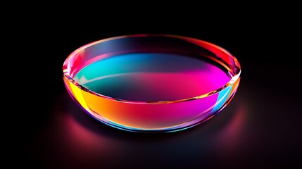 A glass petri dish filled with a vibrant, multicolored liquid reflecting neon hues against a black background.