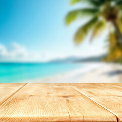 Empty copy space on wooden surface for product placement or mockups. Blurred  sunny blue sky, sea...