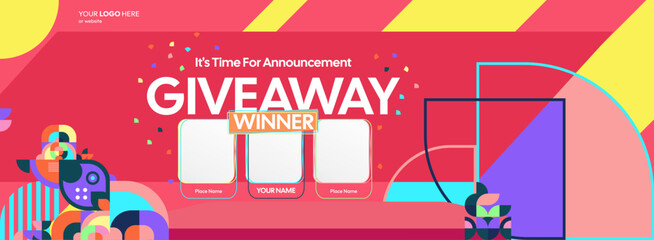 Naklejka premium Giveaway winner announcement design with colorful geometric ornaments. Giveaway winner announcement with three winners. Horizontal wide banner, suitable for big mega sale, web and business themes