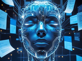 Futuristic Digital Humanoid Face with Glowing Circuits and Floating Data in Surreal Blue Tech Atmosphere