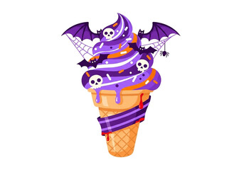 Naklejka premium A cartoon ice cream cone, centrally located, decorated for Halloween