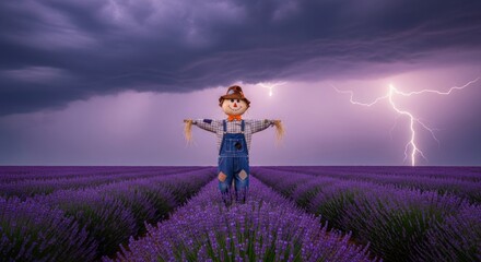 A scarecrow stands in a lavender field under a stormy sky with lightning strikes in the distance