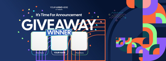 Giveaway winner announcement design with colorful geometric ornaments. Giveaway winner announcement with three winners. Horizontal wide banner, suitable for big mega sale, web and business themes