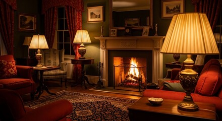 Warmth of Home: Fireplace Glow and Lamp Light in Cozy Living Room
