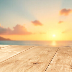 Empty copy space on wooden surface for product placement or mockups. Blurred  sunny blue sky, sea...