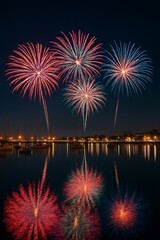 Colorful Firework Explosions and Reflections on Calm Sea