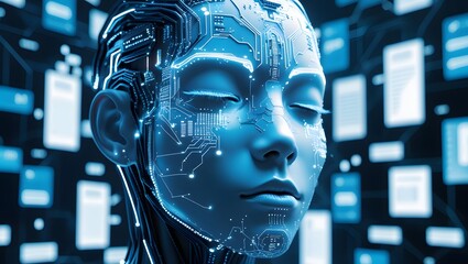 Futuristic Digital Humanoid Face with Glowing Circuits and Floating Data in Surreal Blue Tech Atmosphere