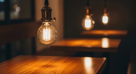 Warm Glow: Vintage Edison Bulbs Illuminating Wooden Tables in a Restaurant