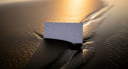 Wet Business Card on Beach at Sunset: Golden Hour Reflection